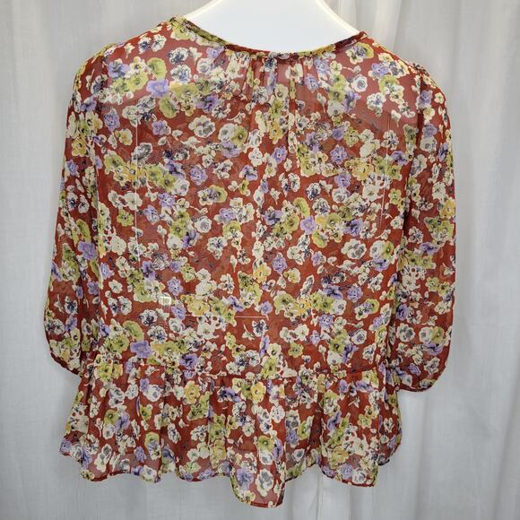 Soprano Floral Sheer Top with 3/4 Sleeves and Peplum, S - Picture 8 of 10